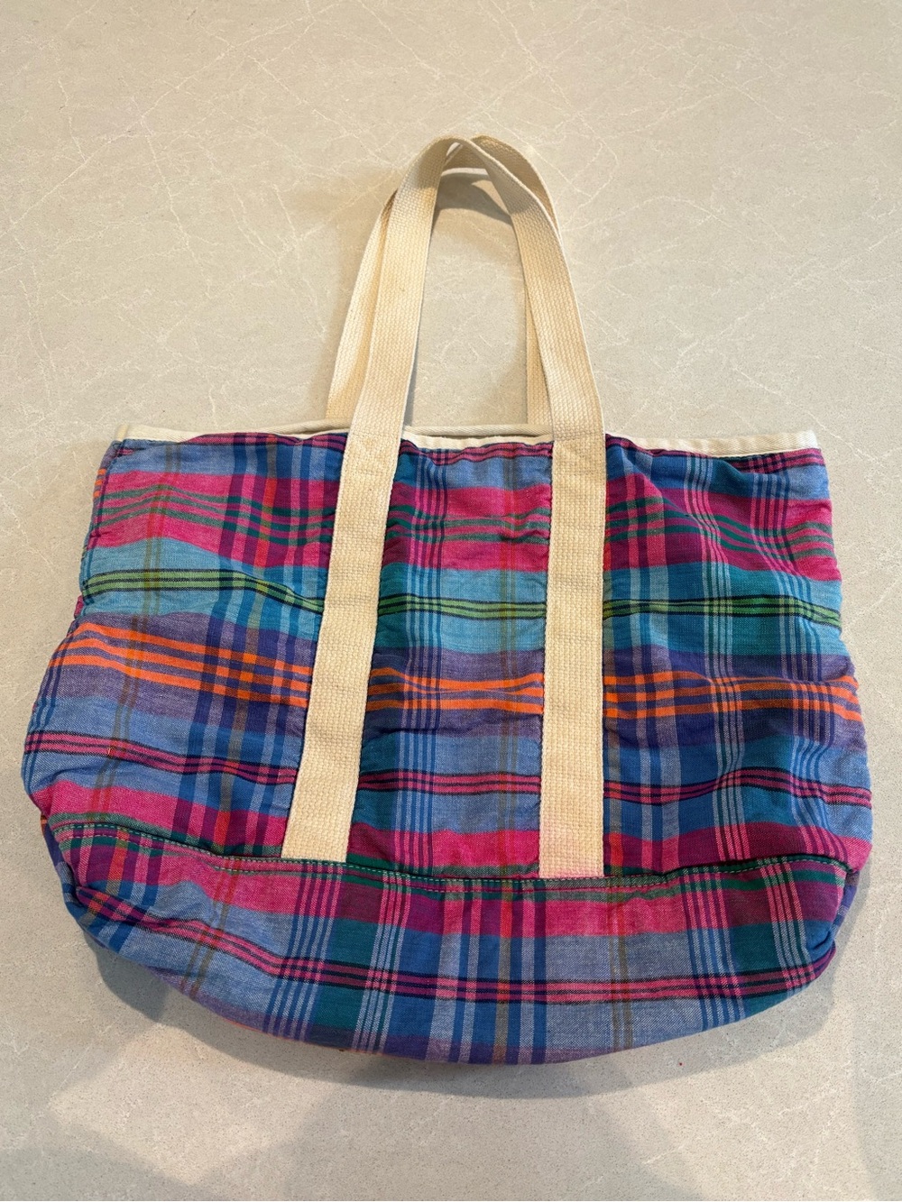 Vintage Eddie Bauer Plaid Madras Canvas Boat Tote Bag 100% Cotton 90s Y2K